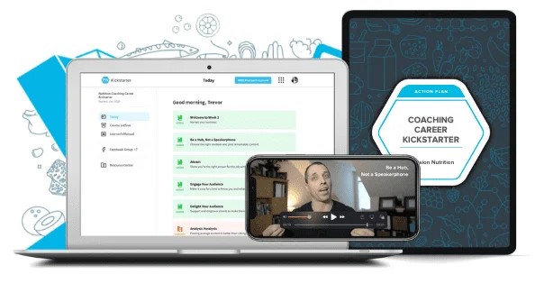 Coaching Career Kickstarter — laptop, mobile, and tablet showing course dashboard, video lessons, and the Action Plan branded card