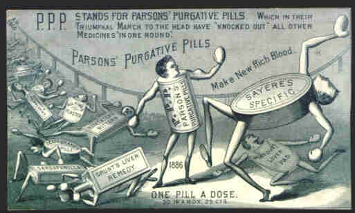 Reklama tabletek czyszczących Parsonsa z 1800 roku' Purgative Pills" ad from 1800s