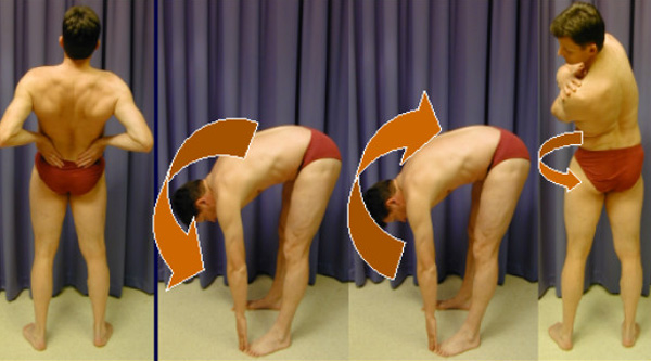 Examples of standing flexion tests for checking pelvic, spine, and hip mechanics