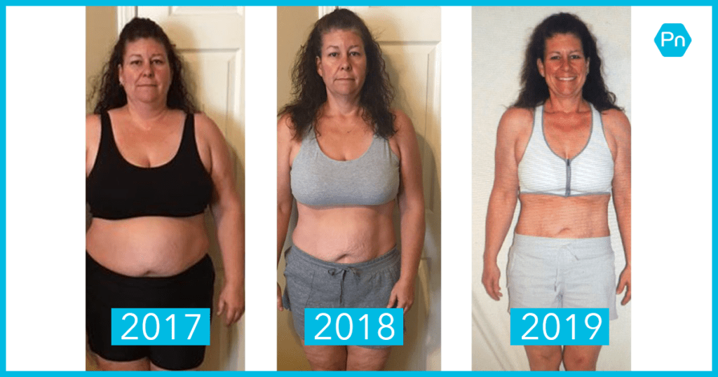 Three progress photos of Precision Nutrition Coaching client, Tina, in a sports bra and shorts.