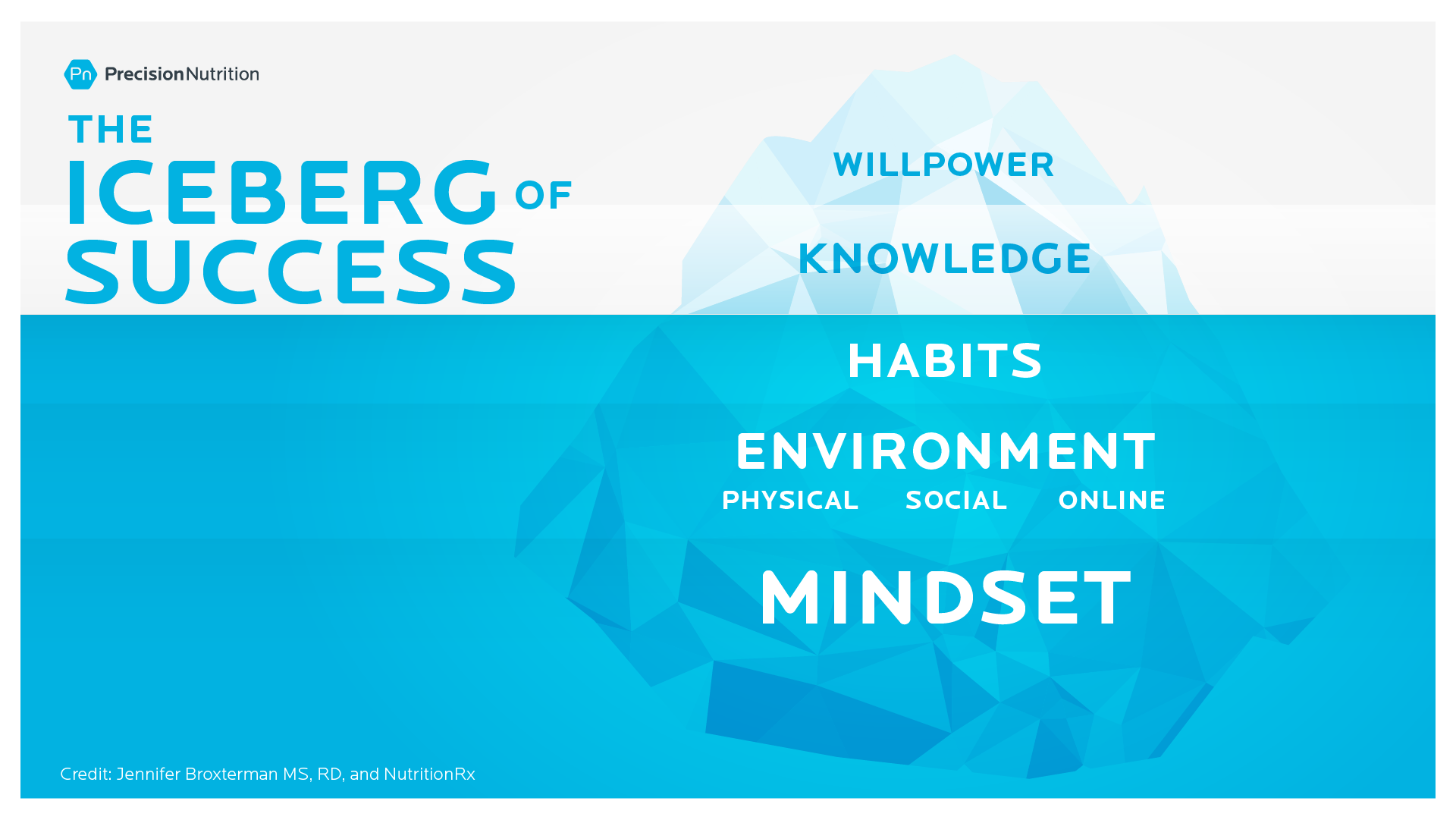 An illustration of the iceberg of success. Mindset, environment, habits are below the water and knowledge and willpower are above the water. Low thyroid diet strategies