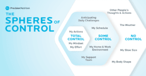 Illustration of the spheres of control. The most inner sphere is labelled "total control" includes my actions, my mindset, and my effort. The middle sphere is labelled "some control" includes my schedule, anticipating daily challenges, and my home and work environment. The outside sphere labelled "No Control" includes weather, shoe size, and body size.