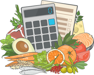 An illustration of the Precision Nutrition Macros Calculator for Calories and Portions surrounded by fruits, grains, fish, and vegetables.