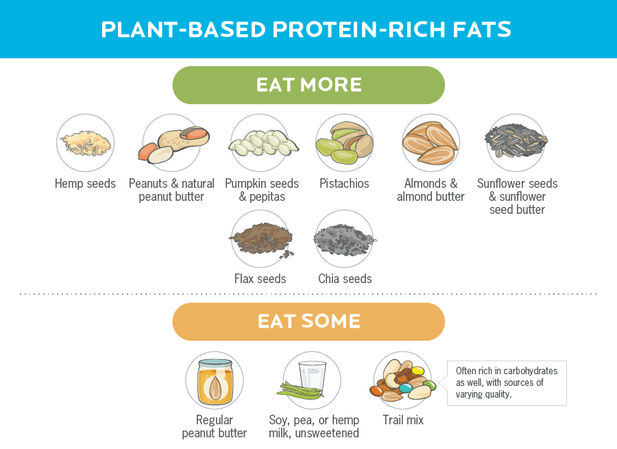 An infographic with illustrations of fats that also contain protein.