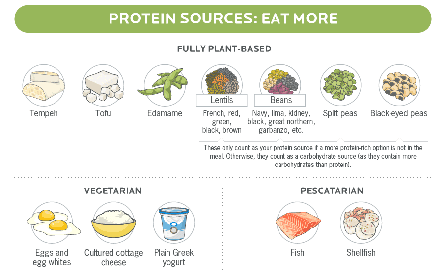 An infographic with illustrations of the best high protein foods for vegans, vegetarians, and pescatarians.