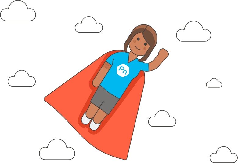 Caped superheroine wearing Precision Nutrition t-shirt flying through clouds