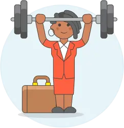 Woman in business attire hoisting a heavily loaded barbell above her head