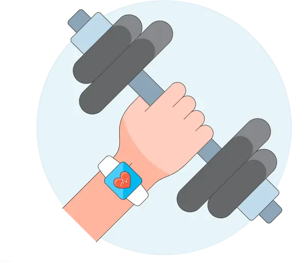 Hand wearing device watch holding a dumbbell