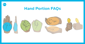 Close-up of various hands representing how to use hands to gauge food portions.
