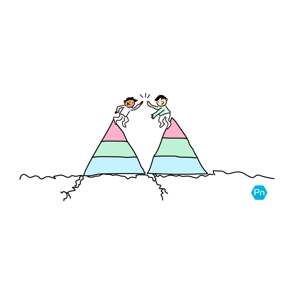 L'Avatar Raul et l'Avatar Chen se tiennent tous les deux au sommet de leurs propres pyramides solides et se donnent des high-five.
