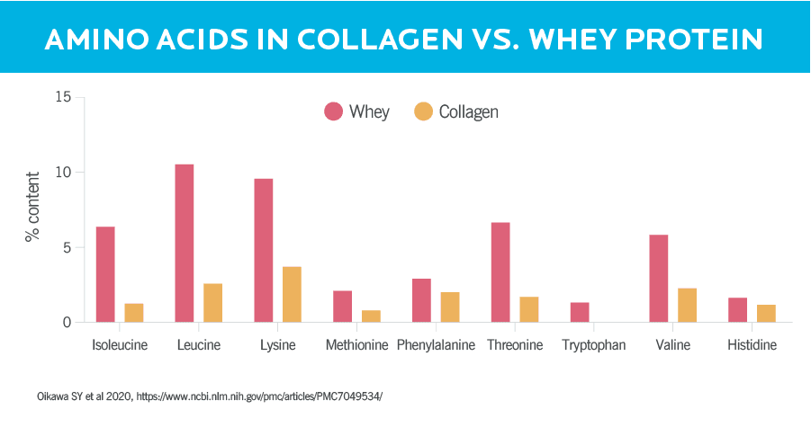 A bar graph showing how collagen protein and whey protein compare to each other in terms of essential amino acids. Collagen is overall lower in EAAs, and is missing the amino acid tryptophan. 