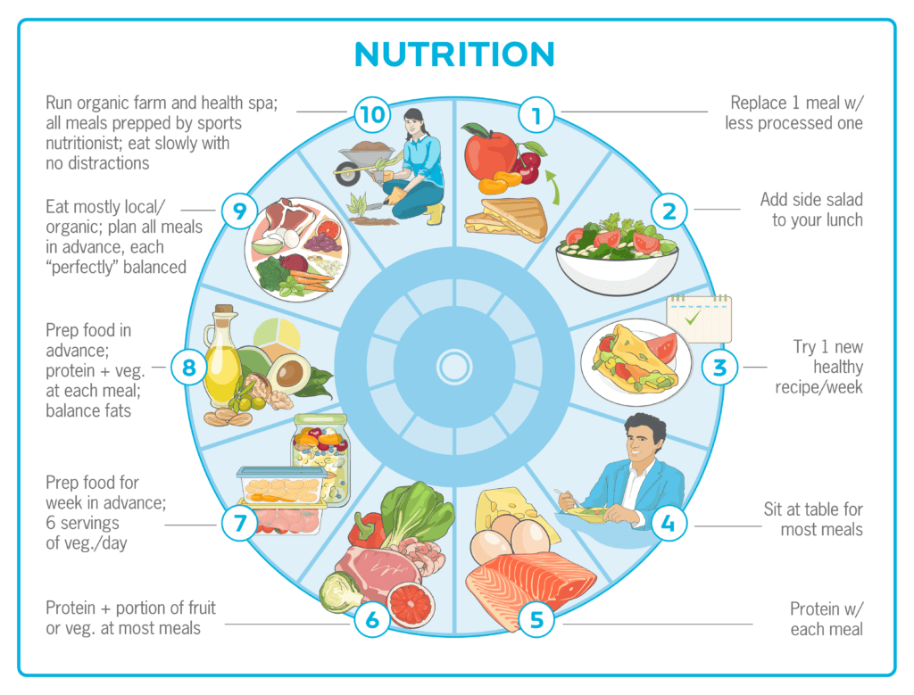 Image of a dial representing degrees of nutrition habits ranging from 1 to 10. 1 represents nutrition habits that are very low effort, like replacing 1 meal with a less processed one. 5 represents nutrition habits that are moderate effort, like adding protein to each meal. 10 represents nutrition habits that are high effort, like having all meals prepped by a sports nutritionist and eating that food slowly mindfully.