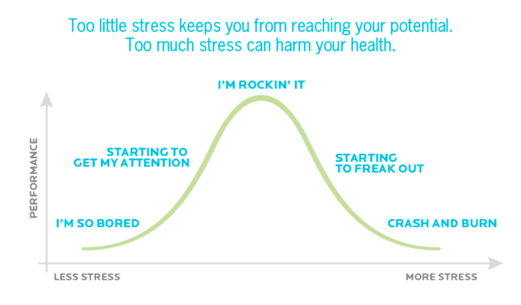 Graphic depicting a bell curve with labels that show how too much stress can change how you feel. Being bored correlates with too little stress, rocking it with just enough stress, and crashing and burning with too much stress.